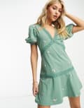 [ASOS DESIGN] ASOS DESIGN tiered mini dress with lace trim and pink rose embroidery in sage-Multi 16 Sage green