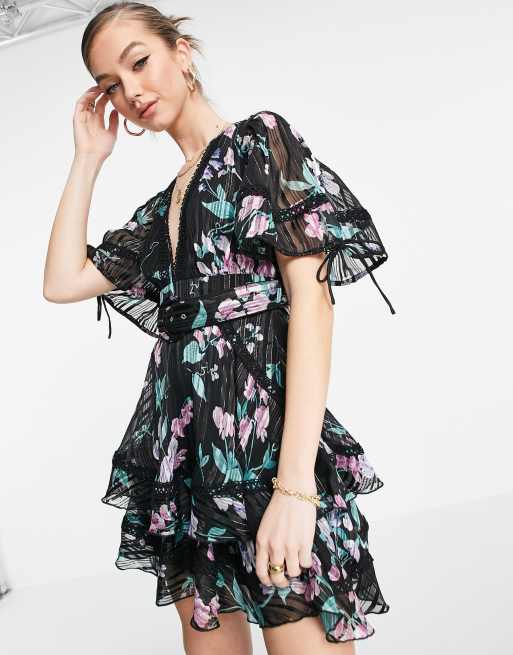 Asos Design Tiered Mini Dress With Puff Sleeve In Burnout Stripe In Dark Floral Asos