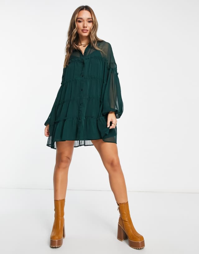 ASOS DESIGN tiered mini shirt dress in dark green