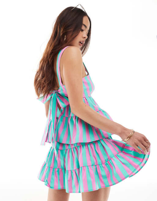ASOS DESIGN tiered mini shorts in pink and green stripe - part of a set