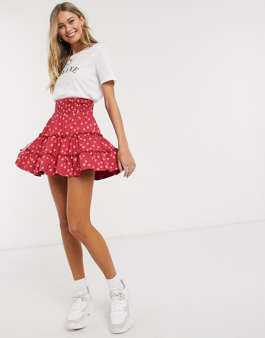 ASOS DESIGN tiered mini skirt in pink spot print-Multi