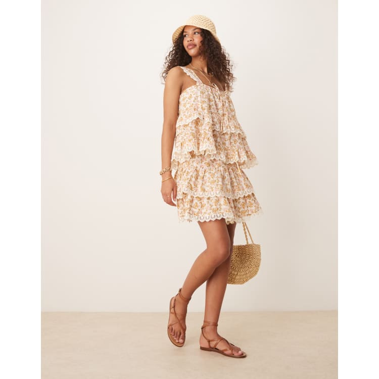 ASOS DESIGN tiered mini skirt with embroidered hem in floral