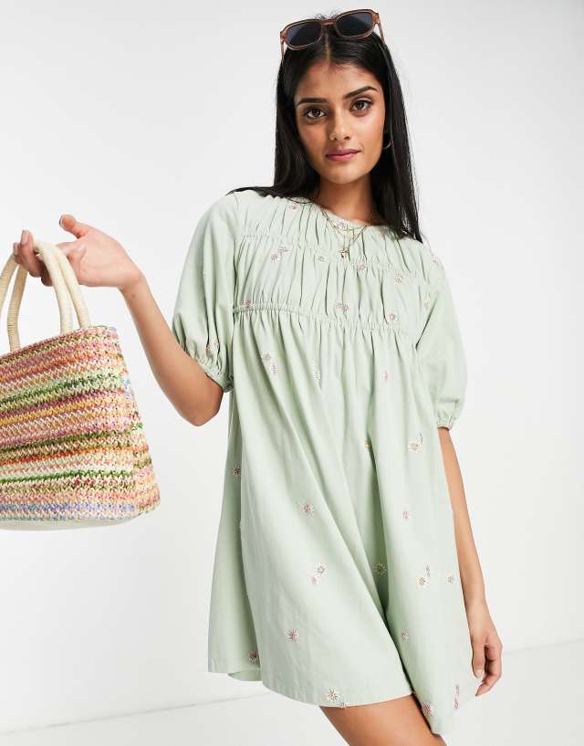 ASOS DESIGN tiered mini smock dress in sage with pink floral embroidery