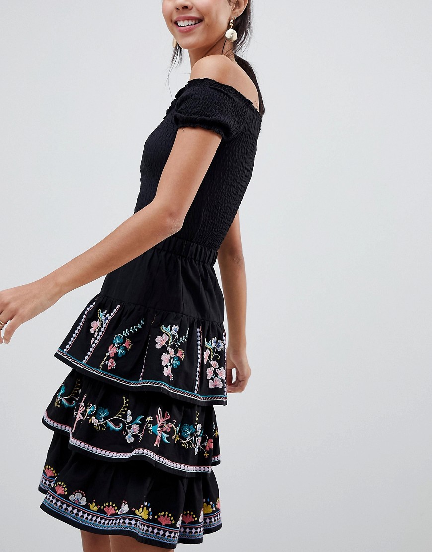 ASOS DESIGN tiered mini sun skirt with embroidery-Black