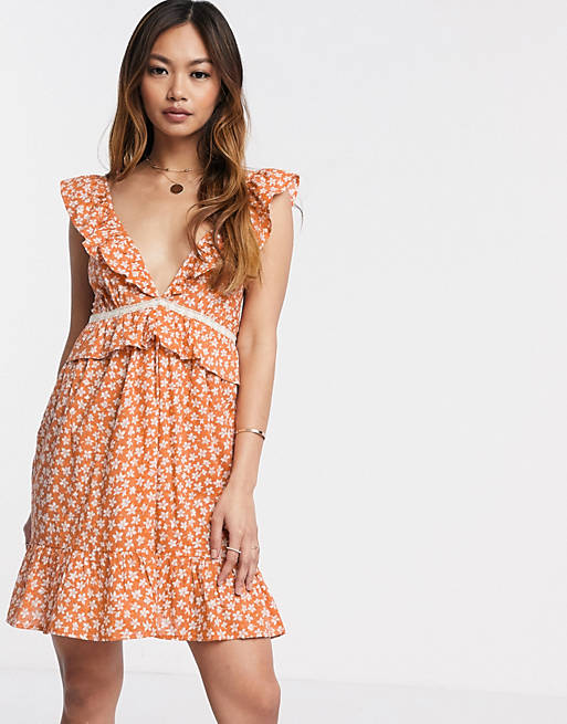 ASOS DESIGN tiered mini sundress with frill lace inserts in ditsy floral print