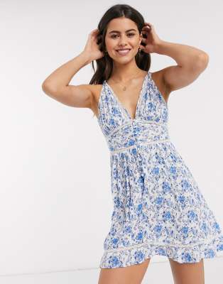 Asos Design Tiered Mini Sundress With Lace Inserts In Paisley Print ...