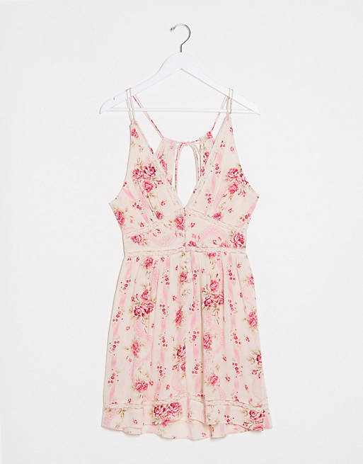 ASOS DESIGN tiered mini sundress with lace inserts in wallpaper floral print
