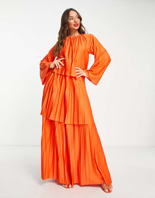 ASOS DESIGN tiered pleated maxi dress in orange MULTI ASOS