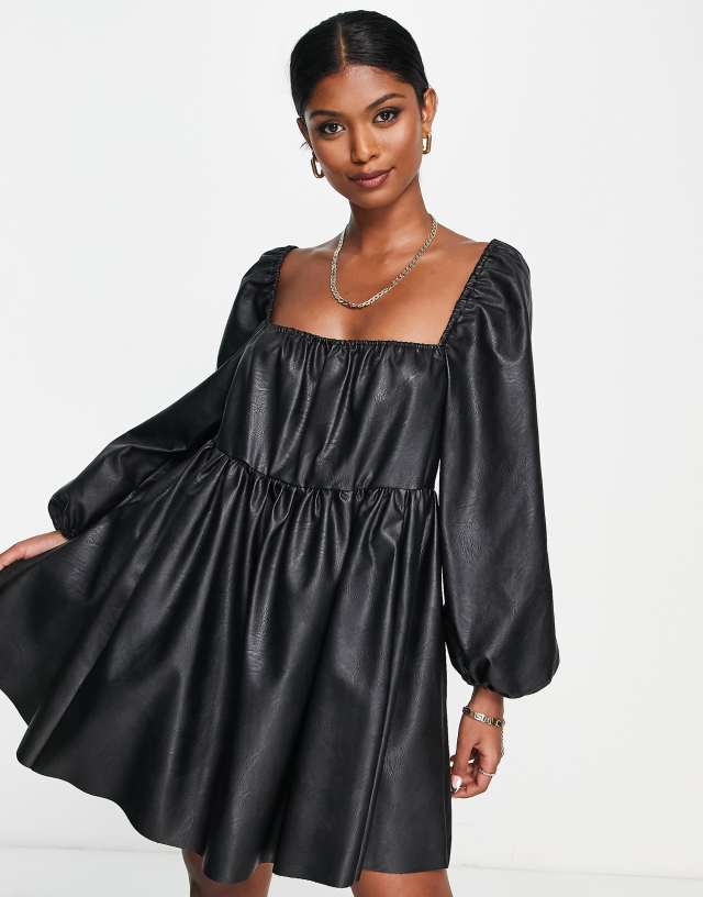 ASOS DESIGN tiered PU mini smock dress with blouson sleeve in black