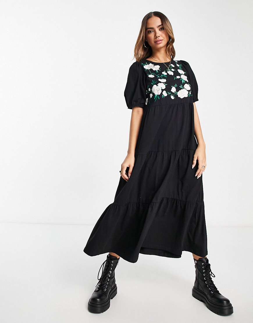 ASOS DESIGN tiered puff sleeve midi dress with floral embroidery-Black