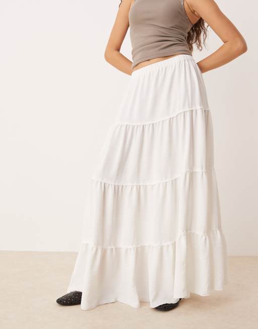 スカート [YOUHEE] FRILL DETAILED MAXI SKIRT WHITE White Chiffon Ruched Frill Tiered Maxi Skirt | Co-ords