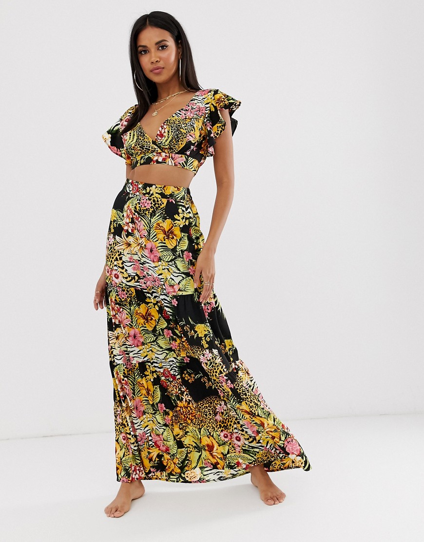 ASOS DESIGN tiered ruffle beach maxi skirt in glam safari tropical print co-ord-Multi