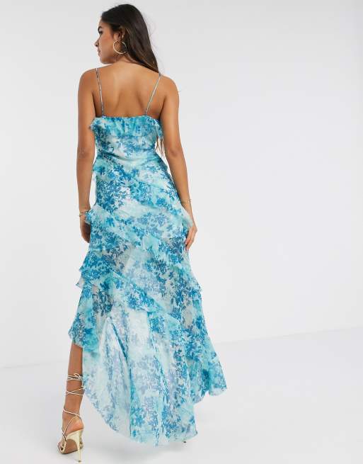 Blue printed tiered maxi dress by Gulaal