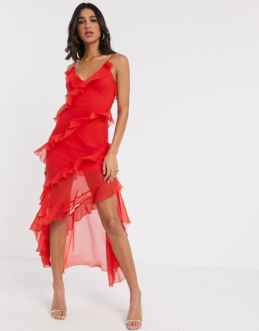 ASOS DESIGN tiered ruffle cami slip maxi dress in Red