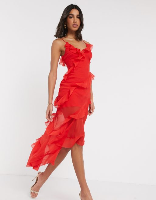 Red ruffle best sale dress short