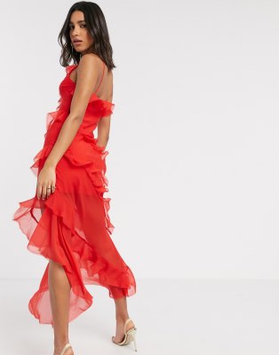 red tiered ruffle dress