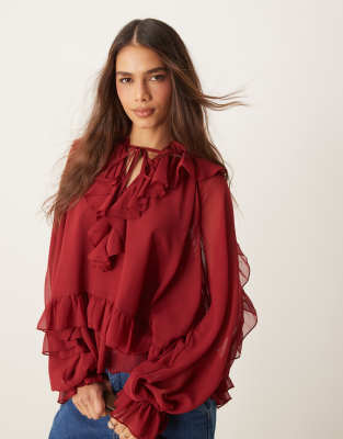 ASOS DESIGN tiered ruffle detail long sleeve blouse in burgundy