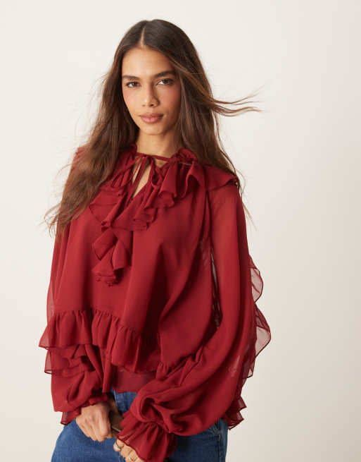 ASOS DESIGN tiered ruffle detail long sleeve blouse in burgundy ASOS