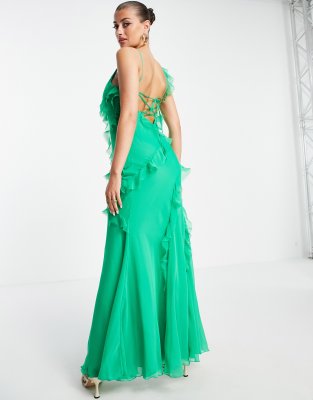 ASOS DESIGN tiered ruffle detail maxi dress with tie back and button side  in green