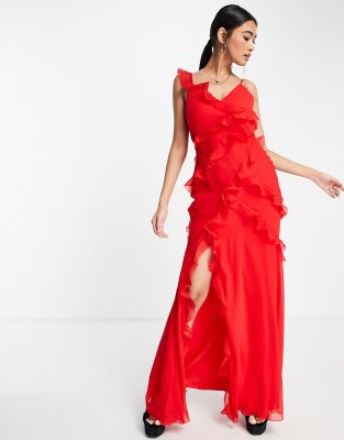 Asos Design Tiered Ruffle Detail Maxi Dress With Tie Back And Button Side In Red