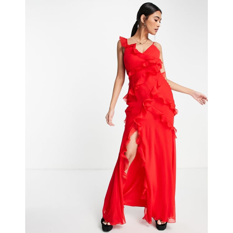 ASOS DESIGN tiered ruffle detail maxi dress with tie back and button side