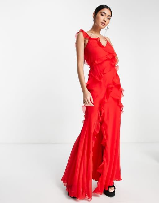 ASOS DESIGN tiered ruffle detail maxi dress with tie back and button side