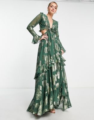 Recycled satin jacquard dress with ruffle details and long sleeves