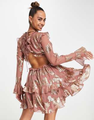 ASOS DESIGN ASOS DESIGN tiered ruffle floral jacquard mini dress with ruffle detail skirt in pink