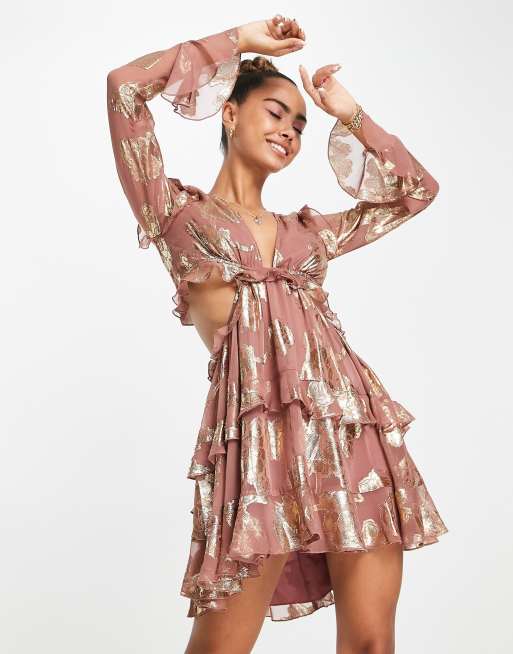 Pink Floral Mini Dress - Jacquard Dress - Ruffled Strapless Dress - Lulus