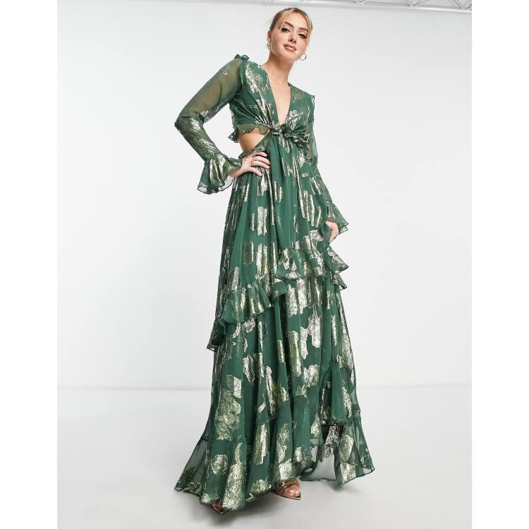 ASOS DESIGN tiered ruffle floral jaquard maxi dress with ruffle detail  skirt in green