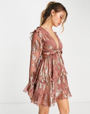 ASOS DESIGN tiered ruffle floral jaquard mini dress with ruffle detail skirt-Pink