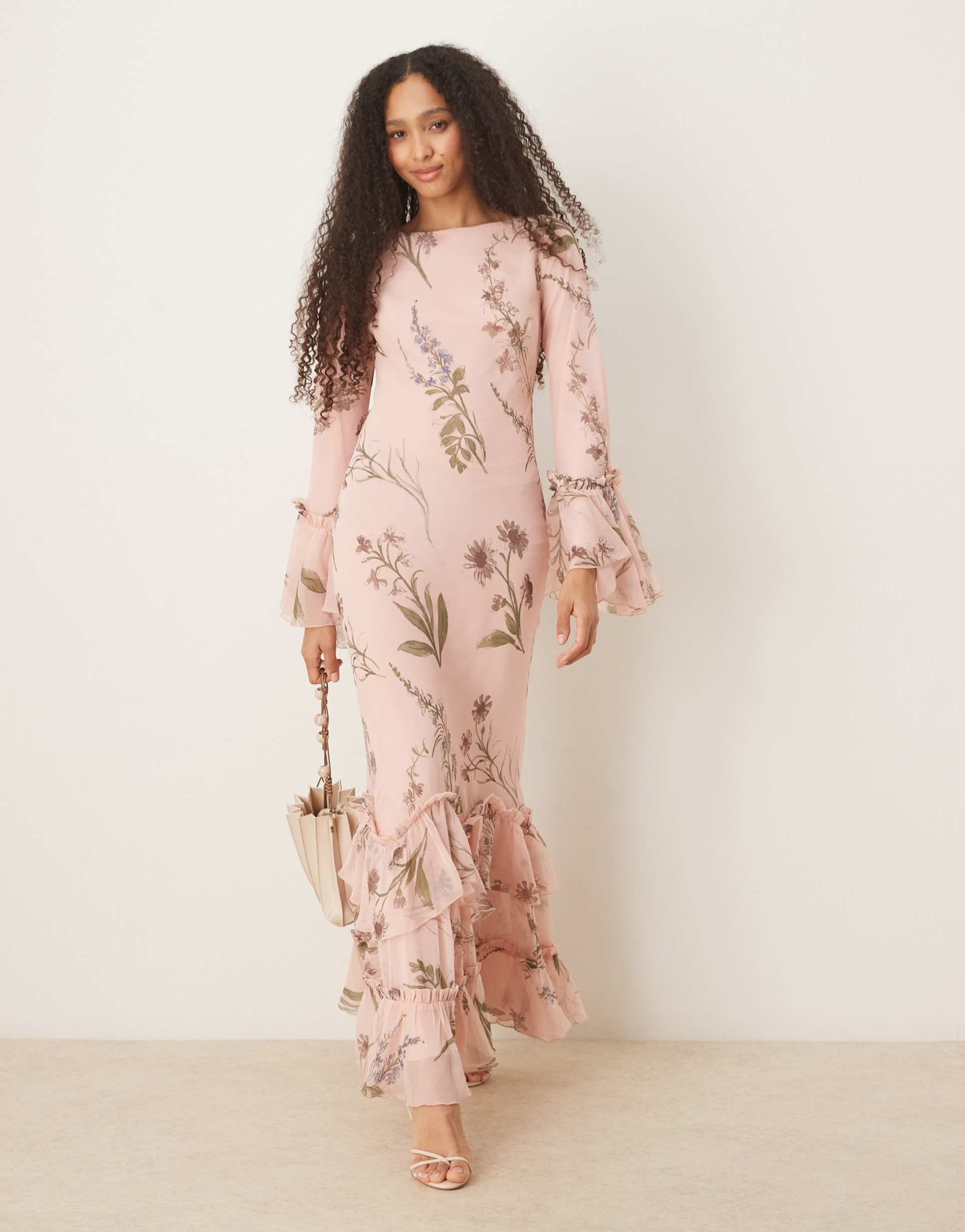asos design tiered ruffle long sleeve chiffon maxi dress in floral print
