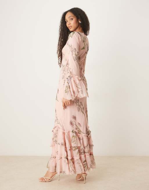 ASOS DESIGN tiered ruffle long sleeve chiffon maxi dress in floral print
