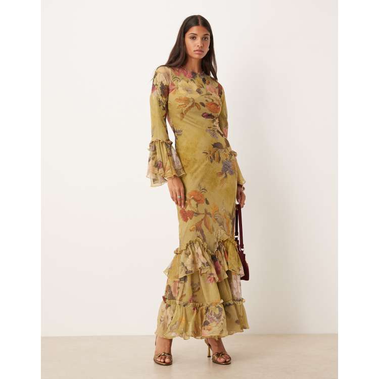 ASOS DESIGN tiered ruffle long sleeve chiffon maxi dress in green