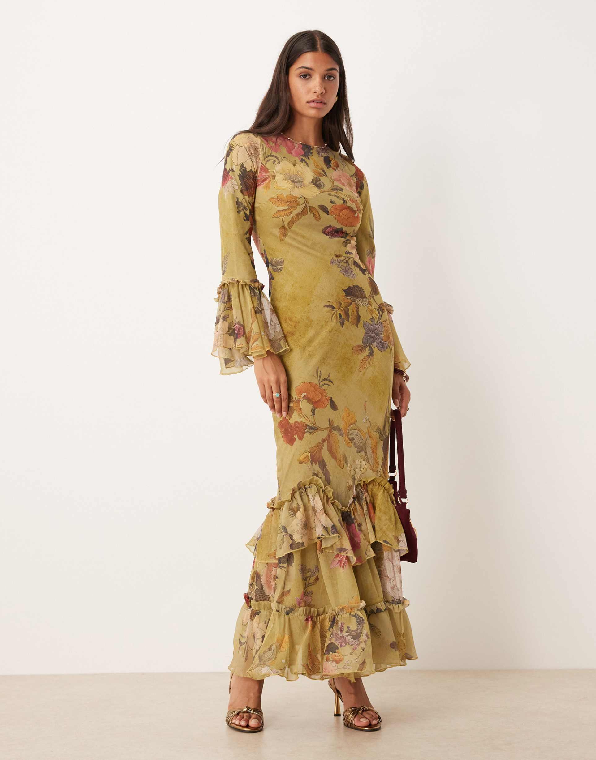 asos design tiered ruffle long sleeve chiffon maxi dress in green floral print