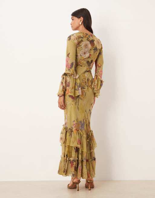 ASOS DESIGN tiered ruffle long sleeve chiffon maxi dress in green floral print