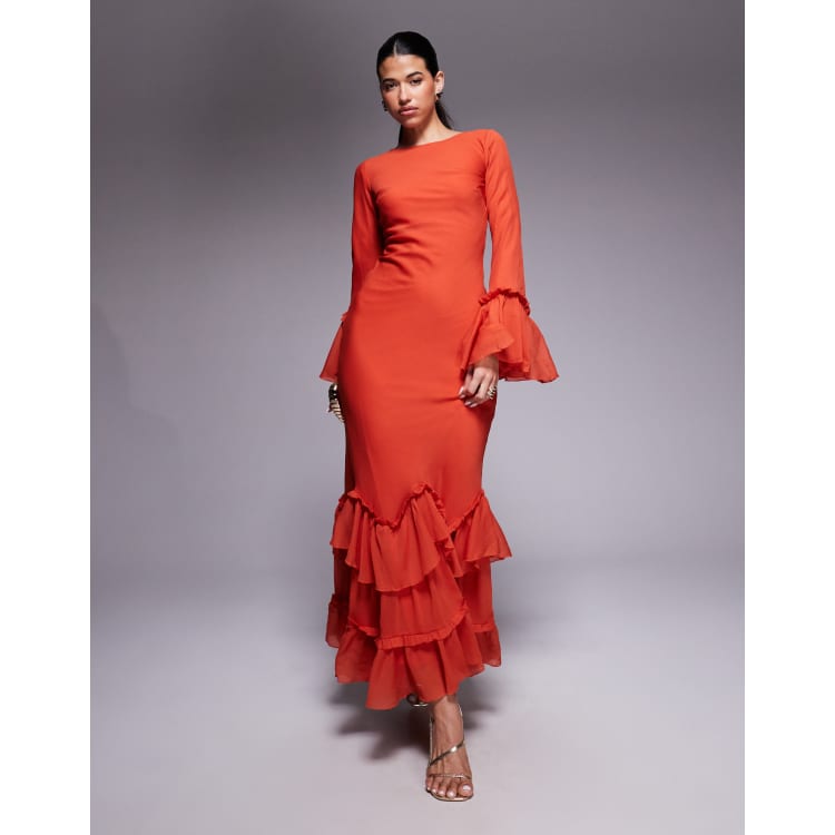 ASOS DESIGN tiered ruffle long sleeve chiffon maxi dress in red | ASOS