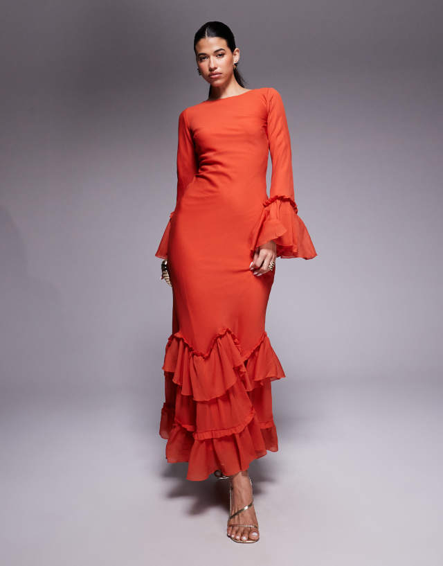ASOS DESIGN tiered ruffle long sleeve chiffon maxi dress in red