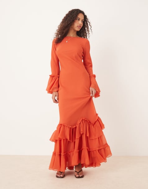 ASOS DESIGN tiered ruffle long sleeve chiffon maxi in red - view 1