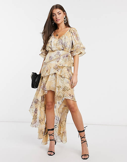Women tiered ruffle maxi dress in floral print with satin and rope trim inserts 