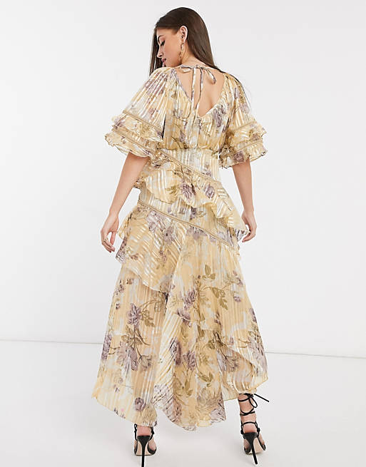 Women tiered ruffle maxi dress in floral print with satin and rope trim inserts 