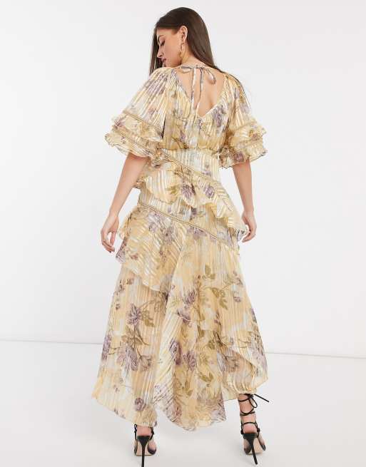 ASOS DESIGN tiered ruffle maxi dress in floral print with satin