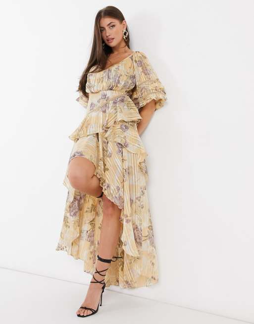 ASOS DESIGN tiered ruffle maxi dress in floral print with satin