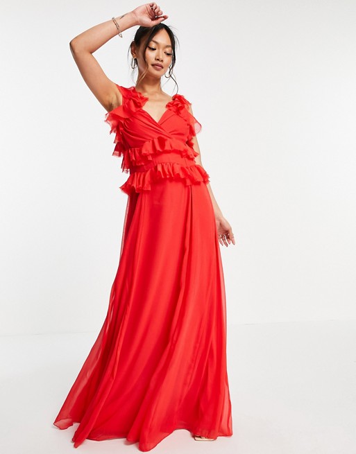 ASOS DESIGN tiered ruffle maxi dress with tie back in red