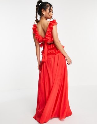 ASOS DESIGN tiered ruffle maxi dress with tie back in vintage