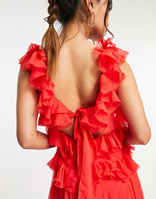 ASOS DESIGN ruffle chiffon blouse with ties in red