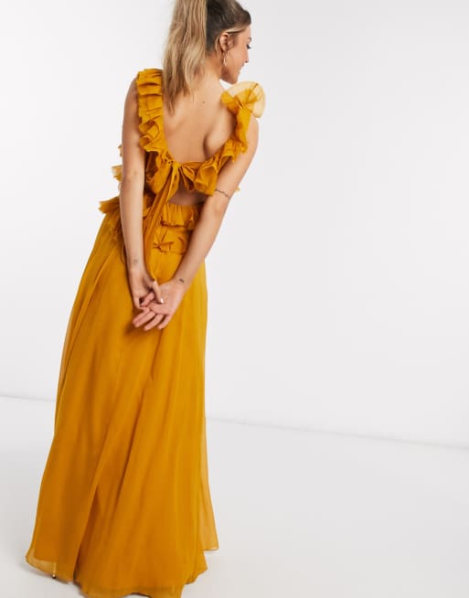 ASOS DESIGN tiered ruffle maxi dress with tie back in vintage