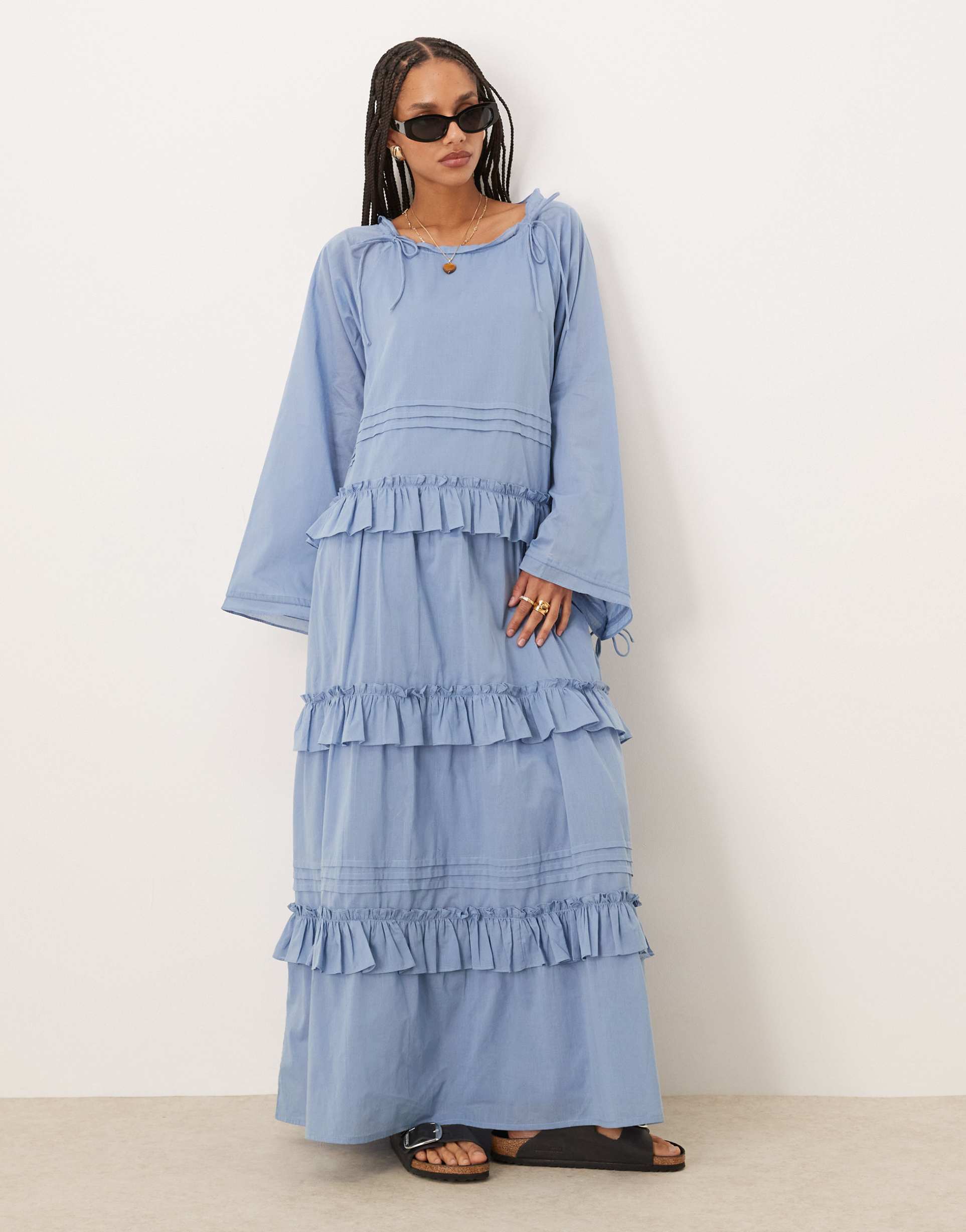asos design tiered ruffle maxi dress with ties in smokey blue