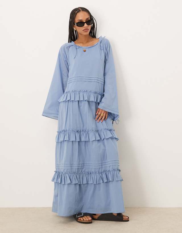 asos blue long dress DESIGN tiered ruffle maxi with ties in smokey Core Colors:Blue Checks Wrap Boho Dress / collection:linen Blue lace dress it offers comfort and