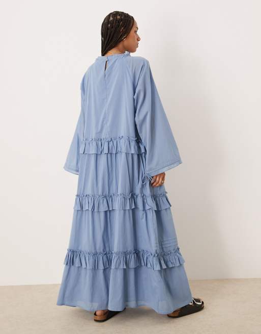ASOS DESIGN tiered ruffle maxi dress with ties in smokey blue | ASOS